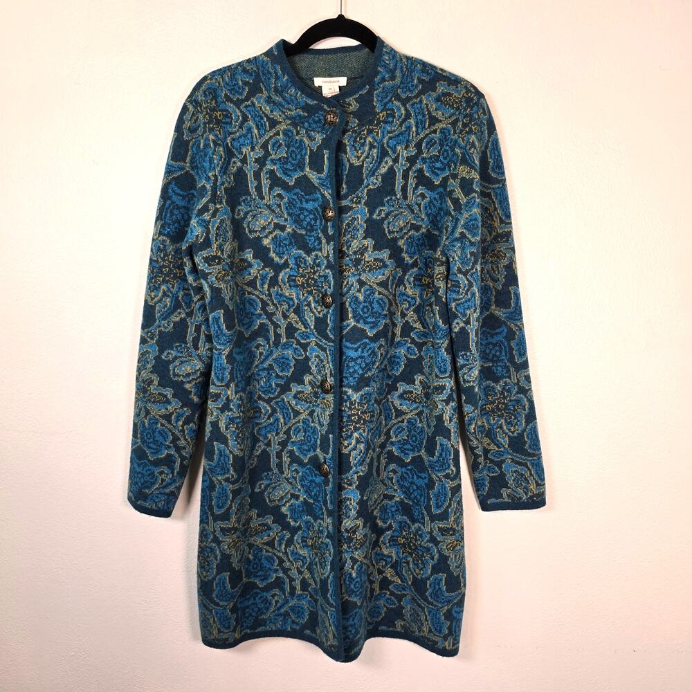 Sundance Merino Blend Long Cardigan Womens M Blue Gold Floral Jacquard Boho Chic